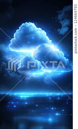 glowing cloud hovers over digital grid, symbolizing futuristic cloud technology glowing cloud hovers over digital grid, symbolizing futuristic cloud technology 124669793