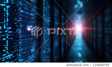 glowing data center corridor with digital lights glowing data center corridor with digital lights 124669795