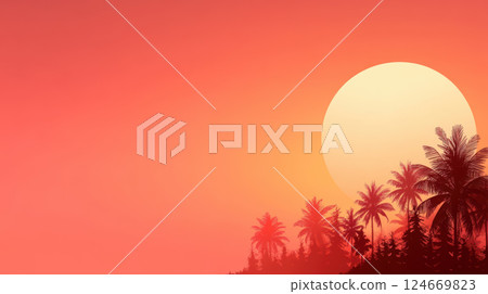vibrant sunset with palm trees silhouetted against orange sky 124669823