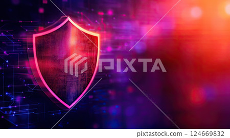 glowing shield symbolizes digital security in vibrant, abstract background 124669832