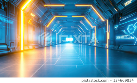 Futuristic corridor with glowing blue and orange lights, creating sci fi atmosphere 124669834