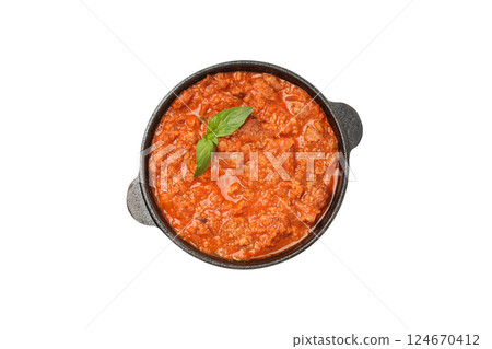 PNG, Bolognese sauce in frying pan, isolated on white background, top view 124670412