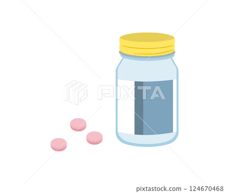 A simple illustration of a medicine bottle and pink pills A simple illustration of a medicine bottle and pink pills 124670468