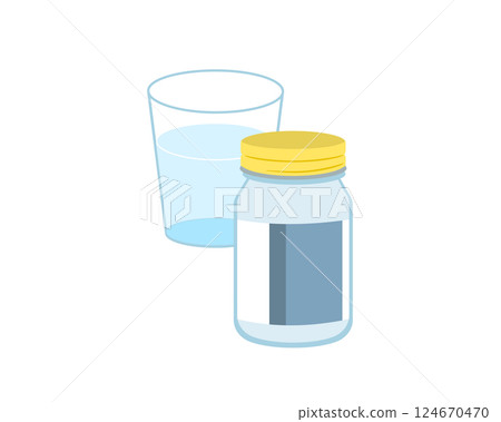 藥瓶和一杯水的簡單圖示 藥瓶和一杯水的簡單圖示 124670470