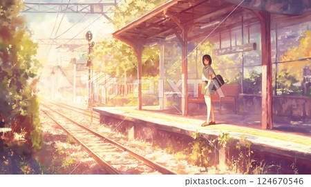 放學後,一名高中女生靜靜地站在車站的美麗背影 放學後,一名高中女生靜靜地站在車站的美麗背影 124670546