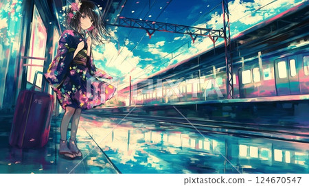 Beautiful back view of a high school girl standing quietly at a station after school 124670547