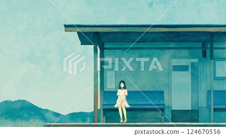 A nostalgic image of a girl in uniform standing on a station platform at dusk 124670556