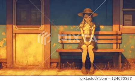 A nostalgic image of a girl in uniform standing on a station platform at dusk 124670557