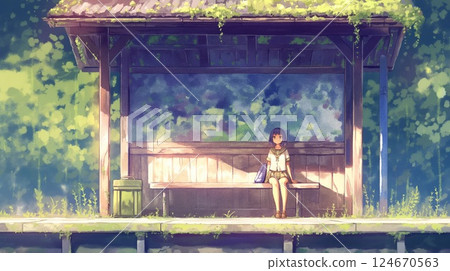 籠罩在橘色夕陽和少女透明時間中的車站台 124670563