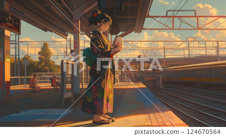 籠罩在橘色夕陽和少女透明時間中的車站台 124670564