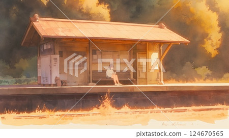 籠罩在橘色夕陽和少女透明時間中的車站台 124670565