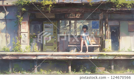 籠罩在橘色夕陽和少女透明時間中的車站台 124670566