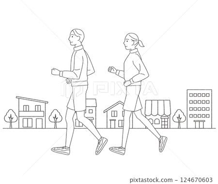 慢跑男女情侶以背景線畫手繪風格跑步 124670603