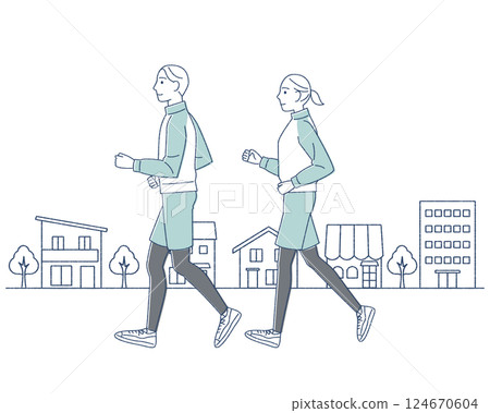 慢跑的男女情侶以手繪風格跑步 124670604