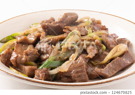Beef tongue stir-fried with green onions and salt Beef tongue stir-fried with green onions and salt 124670825