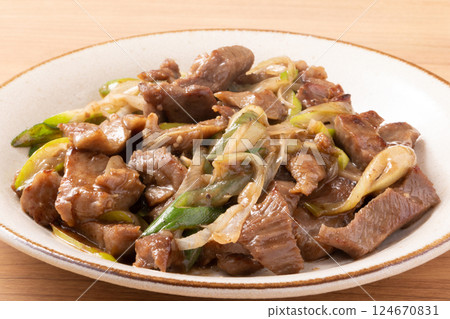 Beef tongue stir-fried with green onions and salt Beef tongue stir-fried with green onions and salt 124670831