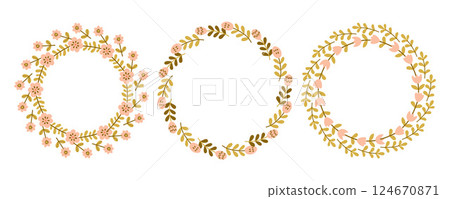 Spring flower circle frame set. Floral circle frame. Hand drawn botanical round border, laurel, wreath with branches, leaves and flowers illustration for wedding invitation, card, logo Spring flower circle frame set. Floral circle frame. Hand drawn botanical round border, laurel, wreath with branches, leaves and flowers illustration for wedding invitation, card, logo 124670871