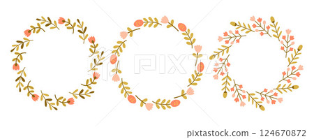 Spring flower circle frame set. Floral circle frame. Hand drawn botanical round border, laurel, wreath with branches, leaves and flowers illustration for wedding invitation, card, logo Spring flower circle frame set. Floral circle frame. Hand drawn botanical round border, laurel, wreath with branches, leaves and flowers illustration for wedding invitation, card, logo 124670872