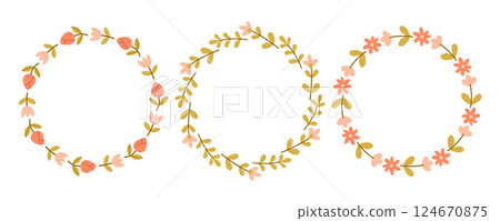 Spring flower circle frame set. Floral circle frame. Hand drawn botanical round border, laurel, wreath with branches, leaves and flowers illustration for wedding invitation, card, logo 124670875