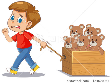 Child Pulling Box of Teddy Bears Illustration 124670955