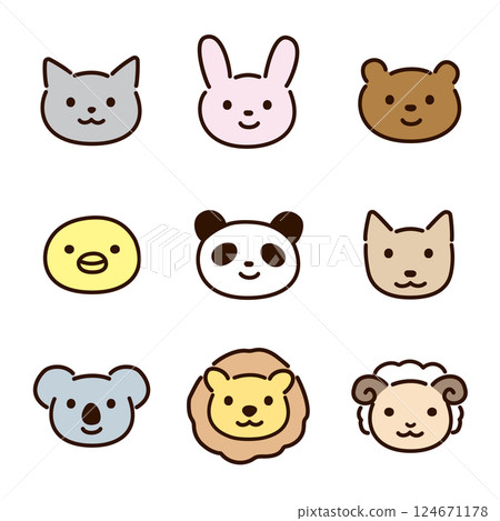Cute animal face illustration set - line art and color 124671178
