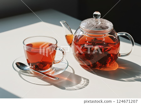 Glass teapot with rosehip tea on a table (AI-generated image) 124671207