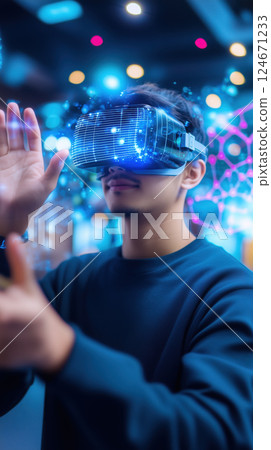 man wearing futuristic VR headset interacts with holographic interface in vibrant setting 124671233