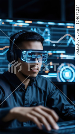 man wearing futuristic augmented reality glasses and headphones works on computer 124671234
