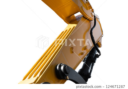 Crawler excavator with lift up bucket isolated on white background. Powerful excavator with an extended bucket close-up. Construction equipment for earthworks 124671287