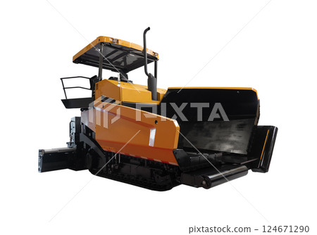 Asphalt paver machine isolated on white background. Asphalt paver heavy equipment isolated. 124671290