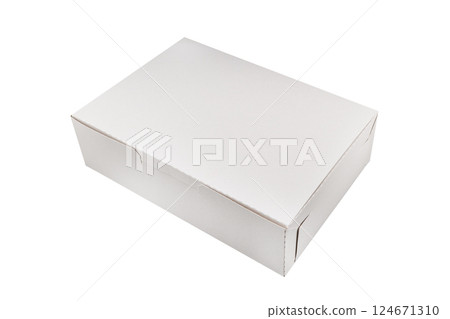 Side view white empty disposable paper fast food tray isolated on white background. Paper box isolated. Paper container 124671310