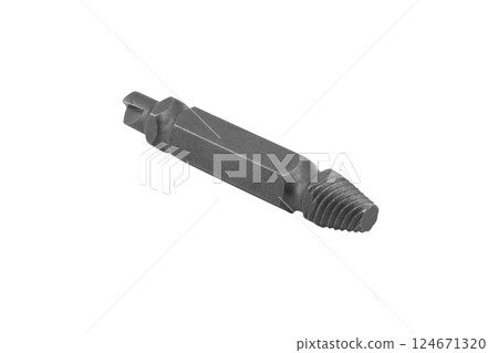 Steel screw extractor tool for removing broken screws or bolts isolated on white background. Drill extractor for unscrewing damaged screws. Tools for removing broken bolts 124671320