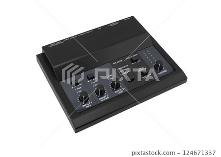 Interface with dials and button for control sound. External sound card close up isolated on white background. Interface with dials and button for control sound. External sound card close up isolated on white background. 124671337