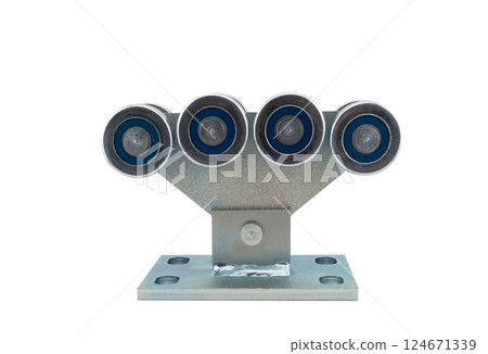 Steel wheel with bearing for sliding gates isolated on white background.  Accessories for sliding gates. Roller for sliding gates. 124671339