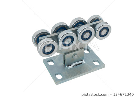 Steel wheel with bearing for sliding gates isolated on white background.  Accessories for sliding gates. Roller for sliding gates. 124671340