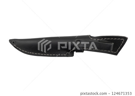 Leather sheath for knife isolated on white background. Black leather sheath or scabbard for a knife isolated Leather sheath for knife isolated on white background. Black leather sheath or scabbard for a knife isolated 124671353