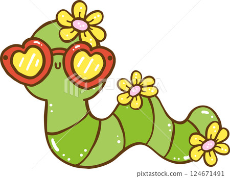 Groovy Retro Spring Cute Worm Doodle Hand Drawn 124671491