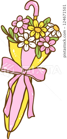 Groovy Retro Spring Umbrella Flowers Doodle Hand Drawn 124671501