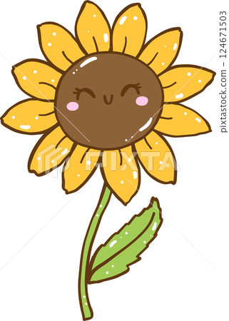 Groovy Retro Spring Sunflower with Sun Glasses Doodle Hand Drawn 124671503