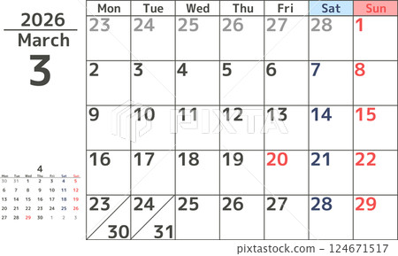 2026 年 3 月從星期一開始的月曆簡單設計 2026 年 3 月從星期一開始的月曆簡單設計 124671517