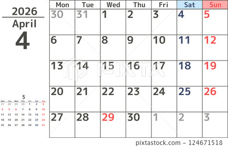 Simple design of a monthly calendar for April 2026 starting on Monday Simple design of a monthly calendar for April 2026 starting on Monday 124671518
