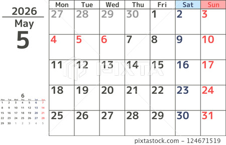 2026 年 5 月從星期一開始的月曆簡單設計 124671519