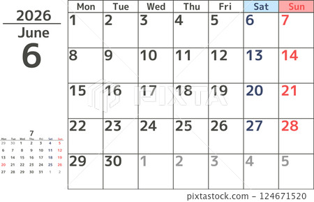2026 年 6 月從星期一開始的月曆簡單設計 124671520