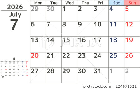 Simple design of monthly calendar for July 2026 starting on Monday Simple design of monthly calendar for July 2026 starting on Monday 124671521