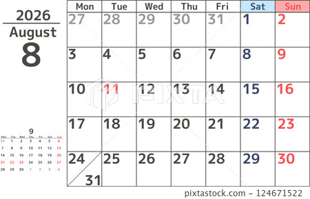 2026 年 8 月從星期一開始的月曆簡單設計 2026 年 8 月從星期一開始的月曆簡單設計 124671522