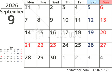 2026 年 9 月從星期一開始的月曆簡單設計 2026 年 9 月從星期一開始的月曆簡單設計 124671523
