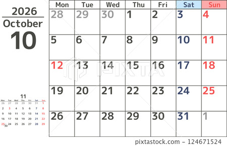 Simple design monthly calendar material for October 2026 starting on Monday Simple design monthly calendar material for October 2026 starting on Monday 124671524