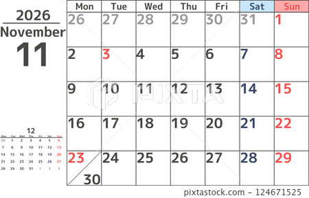 從星期一開始的 2026 年 11 月的簡單設計月曆材料 124671525