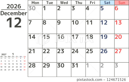從星期一開始的 2026 年 12 月的簡單設計月曆材料 124671526