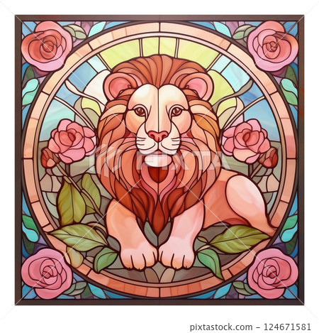 Retro stained glass of lion and rose 3 / Material for flyers and posters Retro stained glass of lion and rose 3 / Material for flyers and posters 124671581